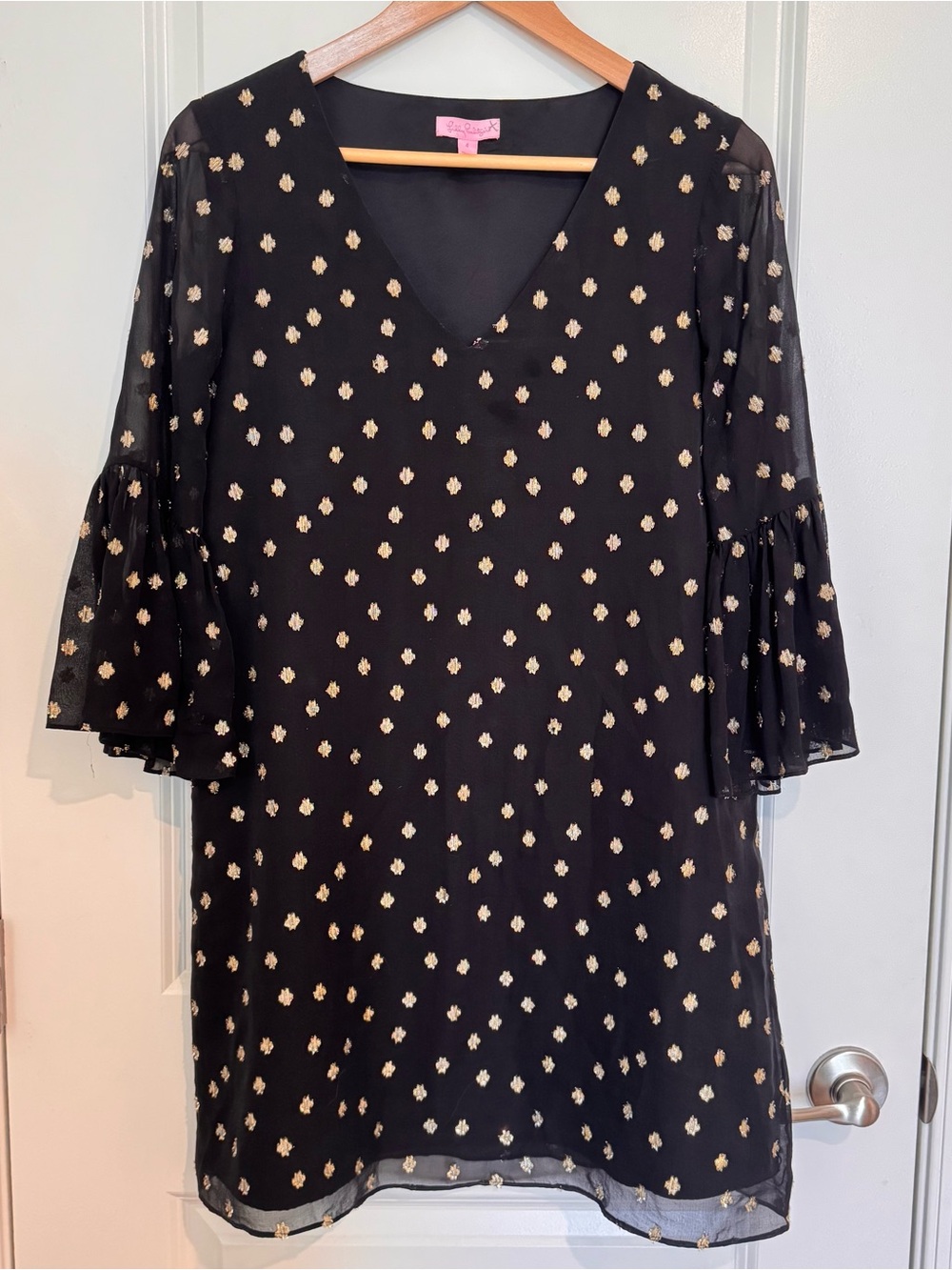 Lilly Pulitzer Caroline Black Silk Mini Dress with Gold Dot Pattern Sz 4